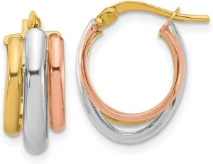 10k Solid Gold With White Rh/Rose Gp Polished 3 Row Oval Hoop Earrings 18x14mm Wide 7.7mm Thick-Hoop Earring for Women