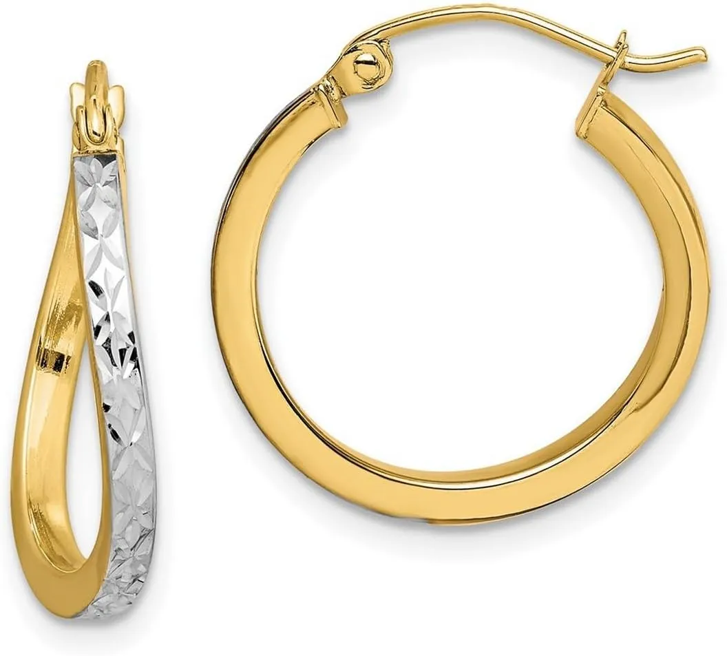 10k Yellow Gold Polished Hinged post and Rhodium Sparkle Cut Textured And Wavy Hoop Earrings 20x20mm Wide 2mm-Hoop Earring for Women