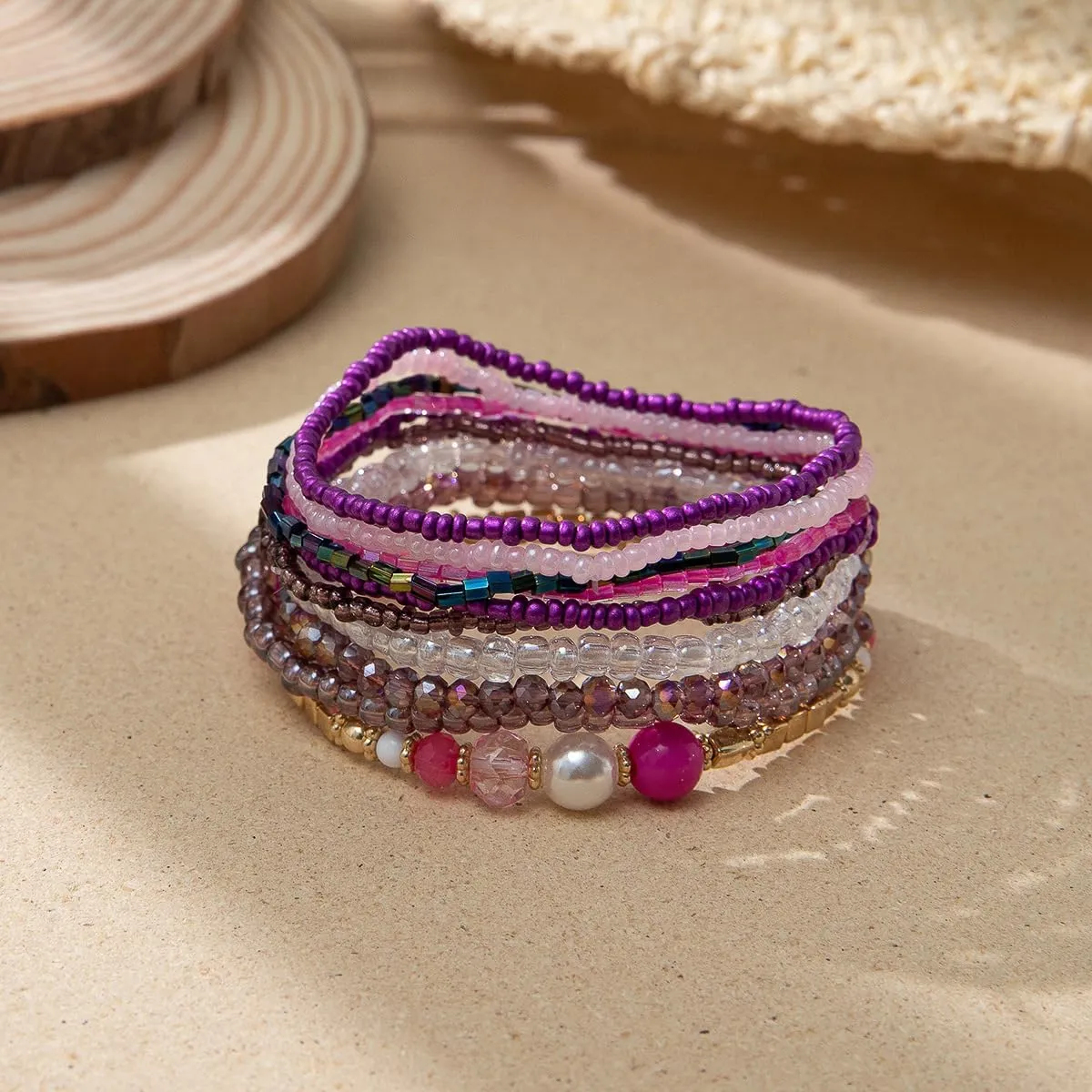 10PCS Bohemian Stackable Bead Bracelets Handmade Colorful Crystal Pearl Stretch Beads Bracelets Multi Layer Versatile Statement Bracelet Jewelry for Women