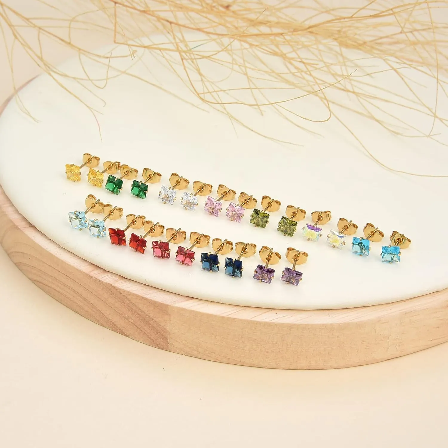 12 Pairs 18K Gold Plated Surgical Stainless Steel Stud Earring Cubic Zirconia Birthstone Stud Earrings Set for Women