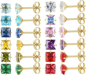 12 Pairs 18K Gold Plated Surgical Stainless Steel Stud Earring Cubic Zirconia Birthstone Stud Earrings Set for Women