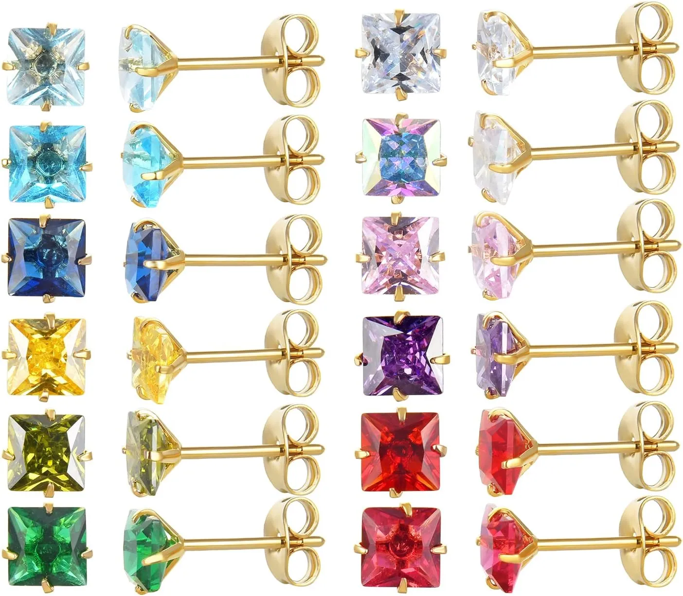 12 Pairs 18K Gold Plated Surgical Stainless Steel Stud Earring Cubic Zirconia Birthstone Stud Earrings Set for Women