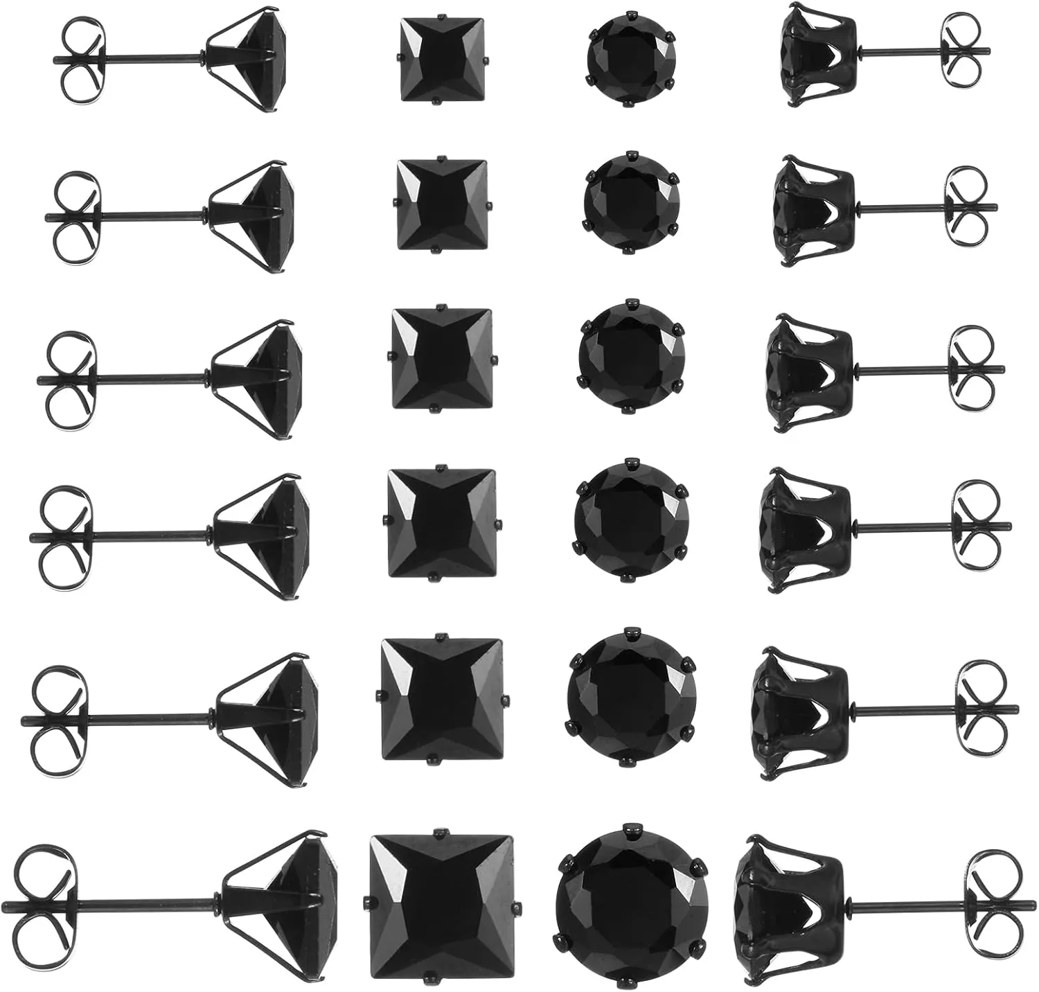 12 Pairs Black Diamond Earrings Men Stainless Steel Earrings for Women Cubic Zirconia Studs Mens Earring Square Round Piercing Jewelry Set Suitable Ladies Gifts 0.31-0.12 Inches