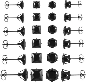 12 Pairs Black Diamond Earrings Men Stainless Steel Earrings for Women Cubic Zirconia Studs Mens Earring Square Round Piercing Jewelry Set Suitable Ladies Gifts 0.31-0.12 Inches