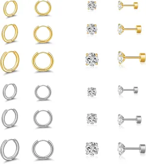 12 Pairs Earring Sets for Multiple Piercing, Small Huggie Hoop Earrings, Flat Back Tiny Ball CZ Stud Earrings for Women