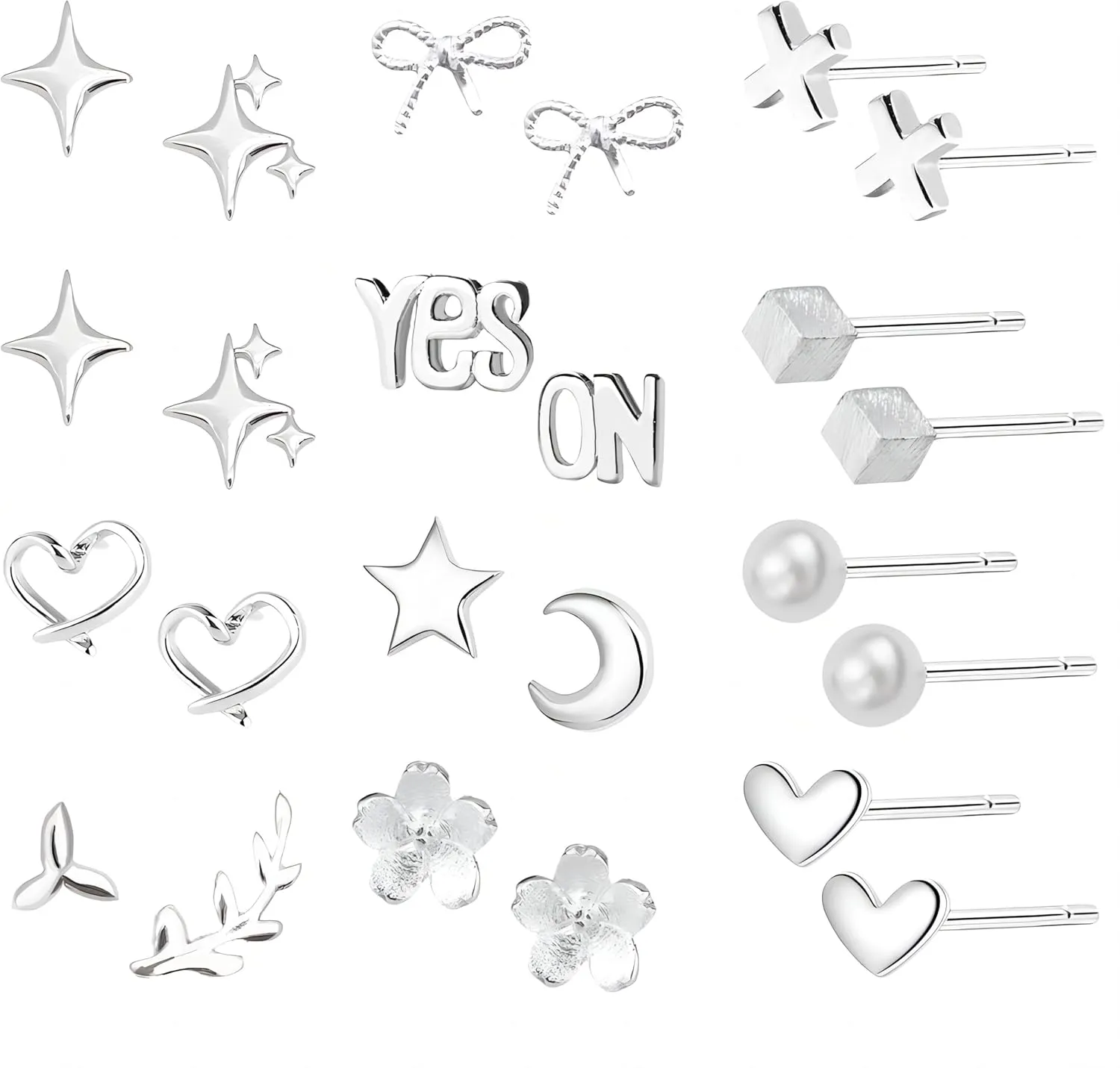 12 Pairs Silver Stud Earrings For Women Simple Mini Moon Star Heart Stud Earrings Lightning Butterfly Flower Leaf Pearl Earrings Hypoallergenic Jewelry Gift