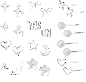 12 Pairs Silver Stud Earrings For Women Simple Mini Moon Star Heart Stud Earrings Lightning Butterfly Flower Leaf Pearl Earrings Hypoallergenic Jewelry Gift