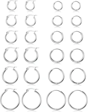12Pairs Small Hoop Earrings For Women Men Hypoallergenic Stainless Steel Earrings Clasp Nickle Free Earrings Set 10/12/14/16/20/25mm