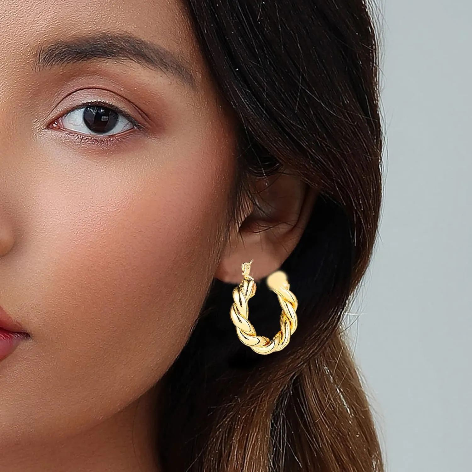14K Gold Hoop Earrings for Women, Hypoallergenic Chunky Gold Hoop Earrings Multipack, Lightweight Twisted Huggie Hoops Earring Set Jewelry for Gifts