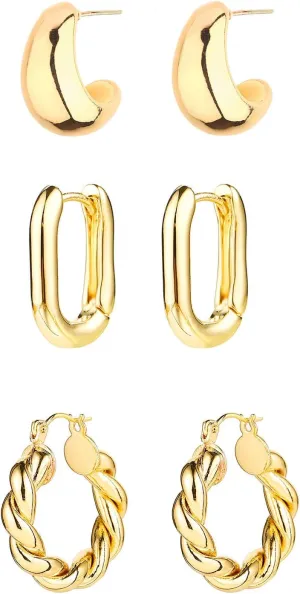 14K Gold Hoop Earrings for Women, Hypoallergenic Chunky Gold Hoop Earrings Multipack, Lightweight Twisted Huggie Hoops Earring Set Jewelry for Gifts