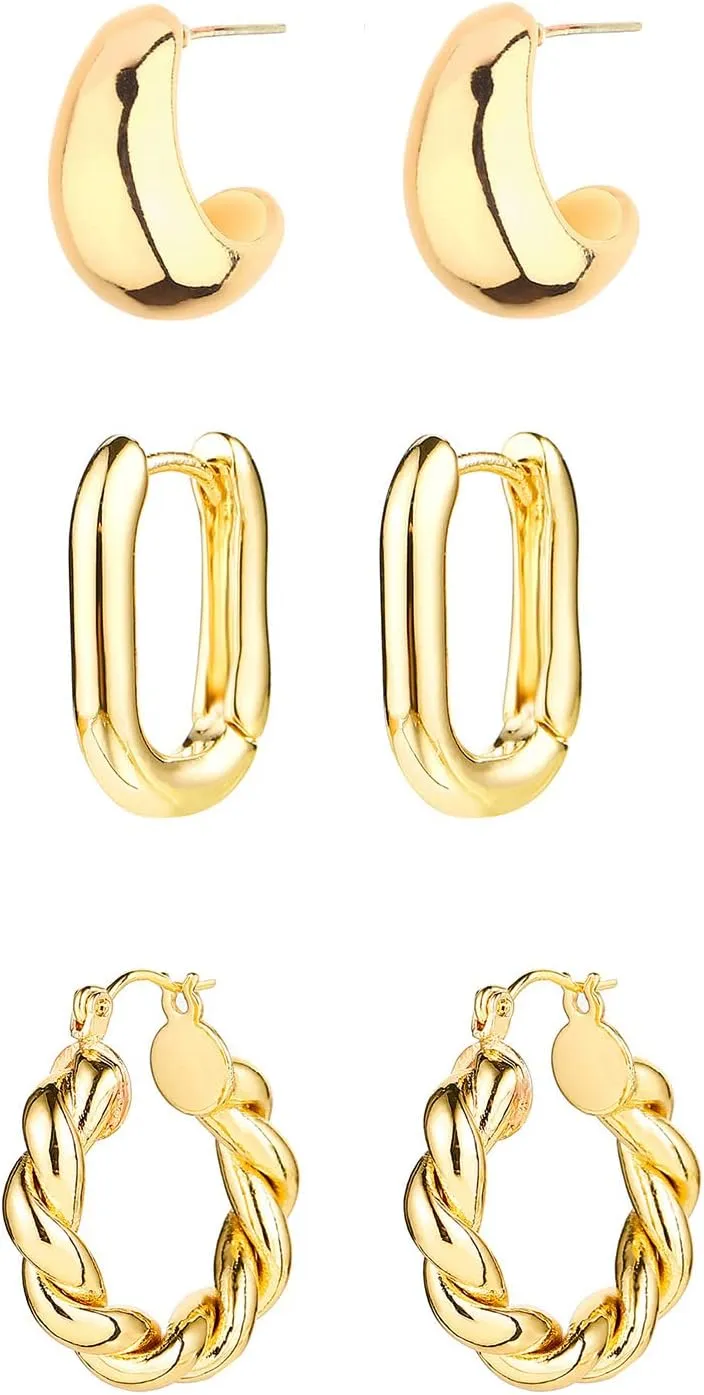 14K Gold Hoop Earrings for Women, Hypoallergenic Chunky Gold Hoop Earrings Multipack, Lightweight Twisted Huggie Hoops Earring Set Jewelry for Gifts