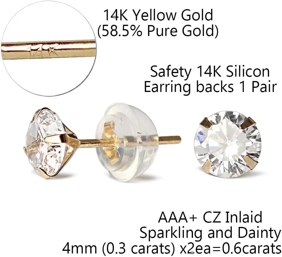 14k real solid Yellow Gold white cz Stud chunky Earrings for women Cubic Zirconia with 14k gold silicone earring flat backs