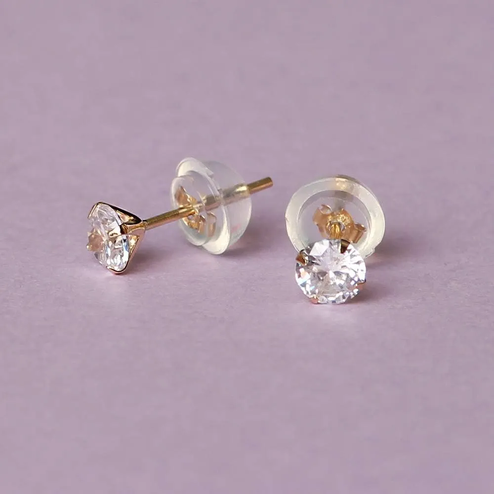 14k real solid Yellow Gold white cz Stud chunky Earrings for women Cubic Zirconia with 14k gold silicone earring flat backs