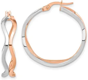 14k Rose and White Gold Polished Wavy Hoop Earrings 30x28mm Wide 6.5mm Thick-Hoop Earring for Women