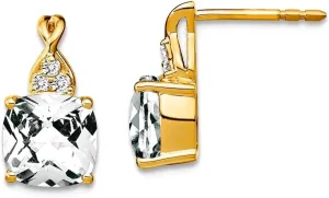 14k Solid Gold Checkerboard White Topaz and Diamond Earrings 13x6.75mm Wide Stud Earring for Women