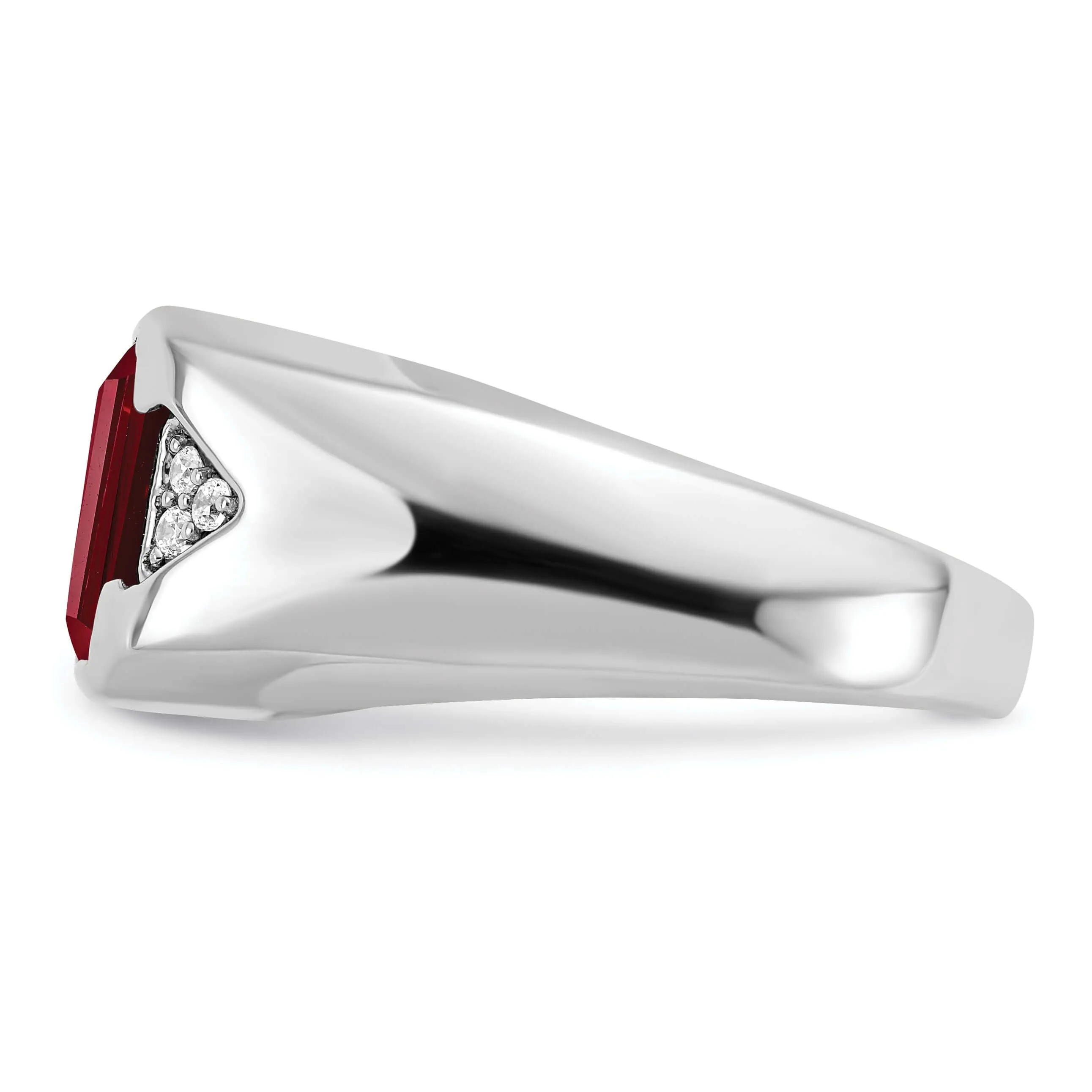 14k White Gold Emerald-cut Created Ruby and Diamond Mens Ring….
