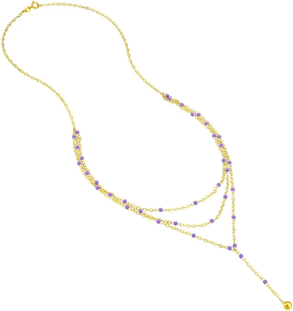 14K Yellow Gold Lilac Enamel Layered Lariat Necklace - 18 Inch Length - Spring Ring Closure