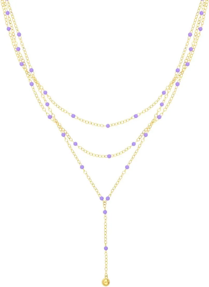 14K Yellow Gold Lilac Enamel Layered Lariat Necklace - 18 Inch Length - Spring Ring Closure