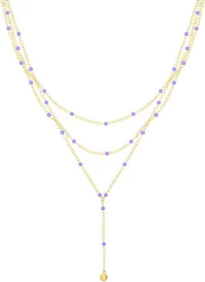 14K Yellow Gold Lilac Enamel Layered Lariat Necklace - 18 Inch Length - Spring Ring Closure