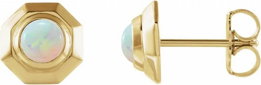 14k Yellow Gold Natural White Opal Round 4mm Friction Back Polished White Cabochon Stud Earring-Stud-Earring for Women