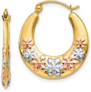 14k Yellow Gold Polished Hinged post and White And Rose Rhodium Hollow Flowers Hoop Earrings 22x19mm Wide 3mm-Hoop Earring for Women