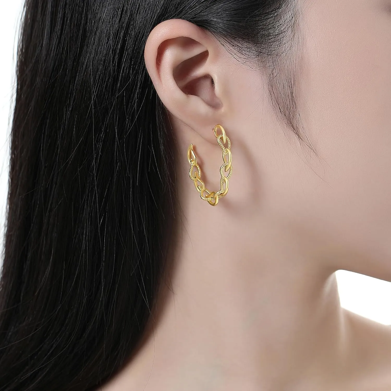 18K Gold Plated Chain Hoop Earrings for Women, Chain Link Earrings, Chunky Twisted Hoop Earrings, White, Gold
