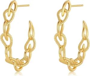 18K Gold Plated Chain Hoop Earrings for Women, Chain Link Earrings, Chunky Twisted Hoop Earrings, White, Gold
