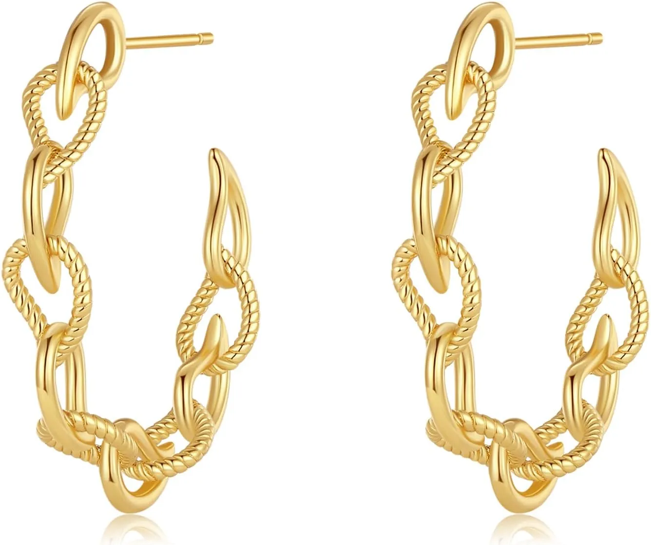 18K Gold Plated Chain Hoop Earrings for Women, Chain Link Earrings, Chunky Twisted Hoop Earrings, White, Gold