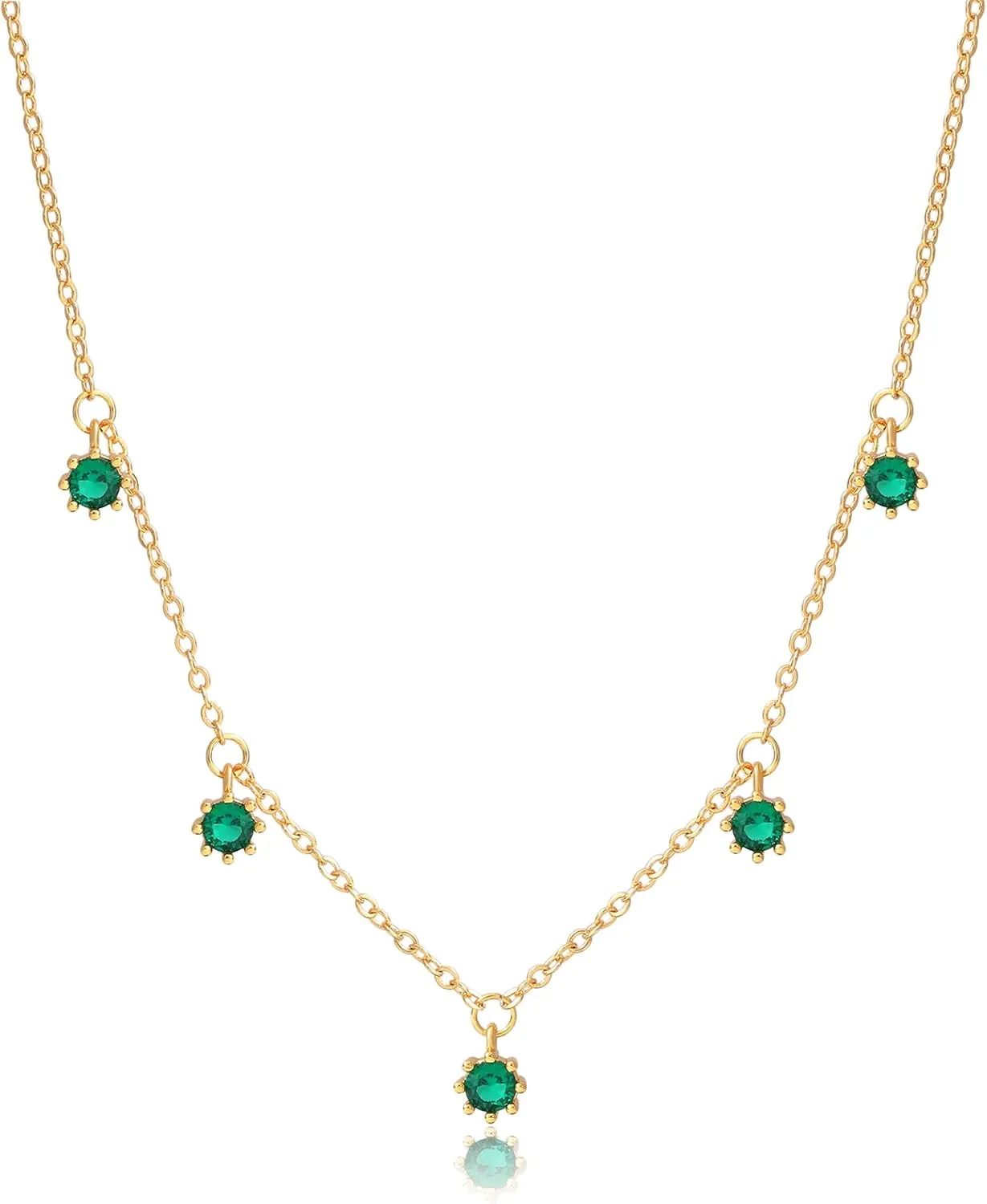 18K Gold Plated Dainty Charm CZ Diamond Dangle Choker Necklace,5 Black/Clear/Emerald Solitaire Cubic Zirconia Bezel Dangling Station Necklaces for Women,16"