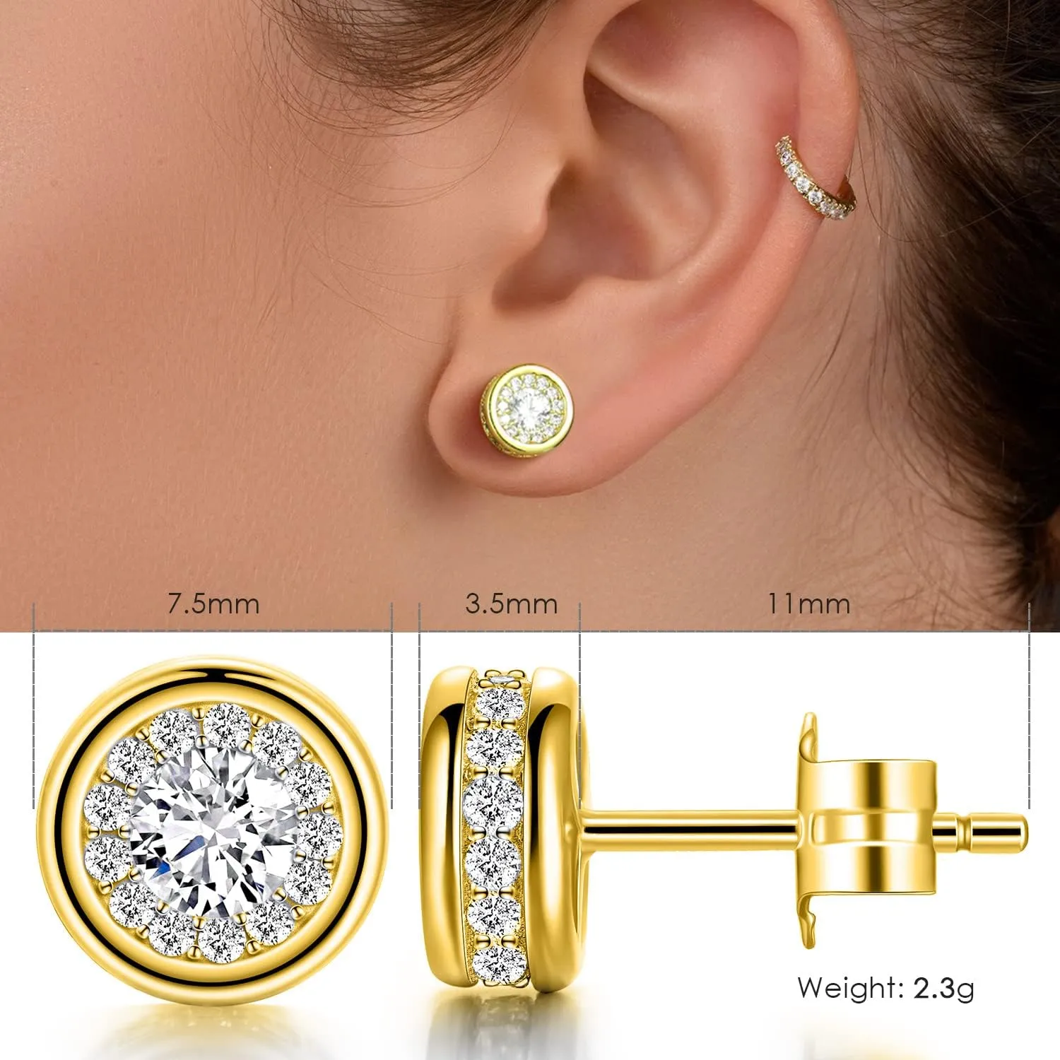 18K Gold Stud Earrings for Women, 18K Rose Gold Stud Earrings with Cubic Zirconia Diamonds, Jewelry Gift for Mom, Wife, Daughter, Friend on Birthday, Anniversary, Valentine's Day, Mother's Day