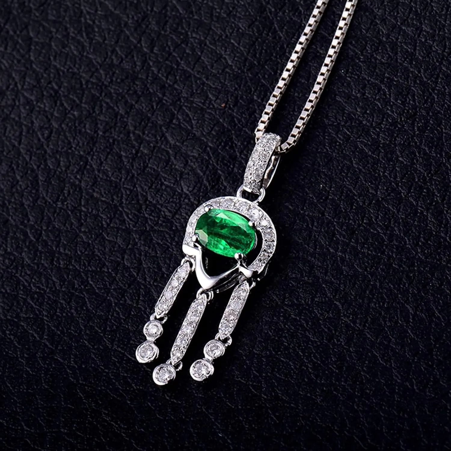 18K White Gold Pendant Necklaces for Women,Oval and Tassels with 0.5ct Lab Created Emerald Silver Green Necklaces Chain