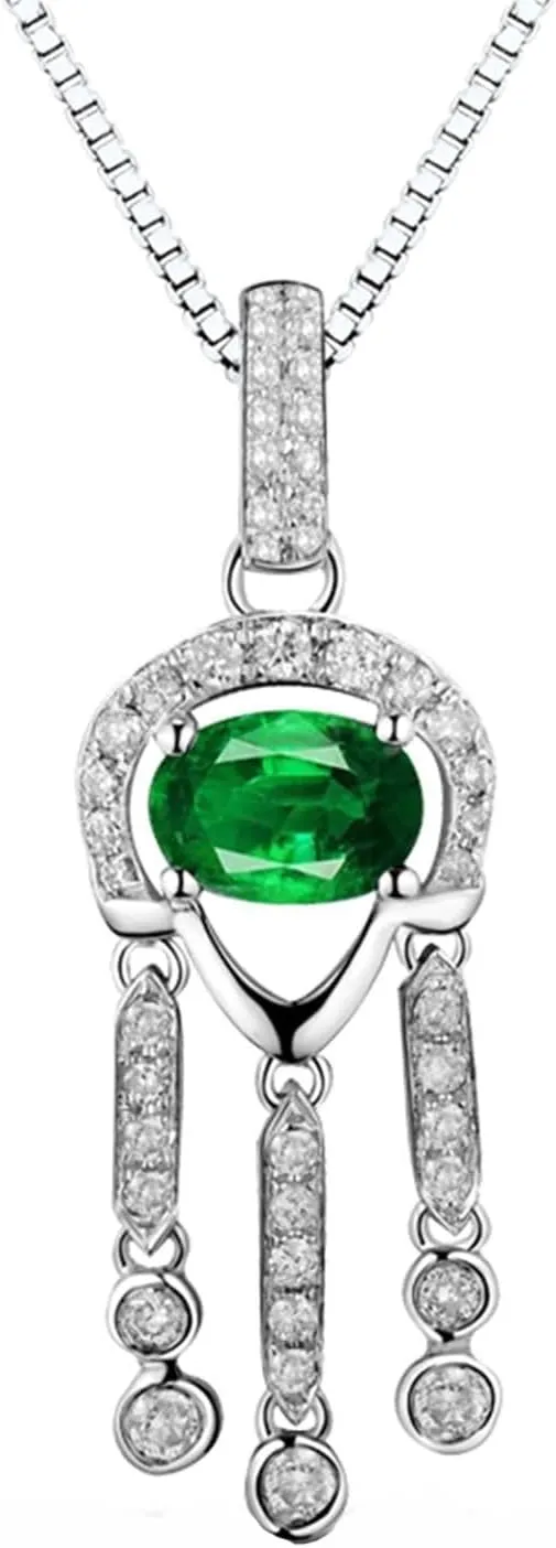 18K White Gold Pendant Necklaces for Women,Oval and Tassels with 0.5ct Lab Created Emerald Silver Green Necklaces Chain