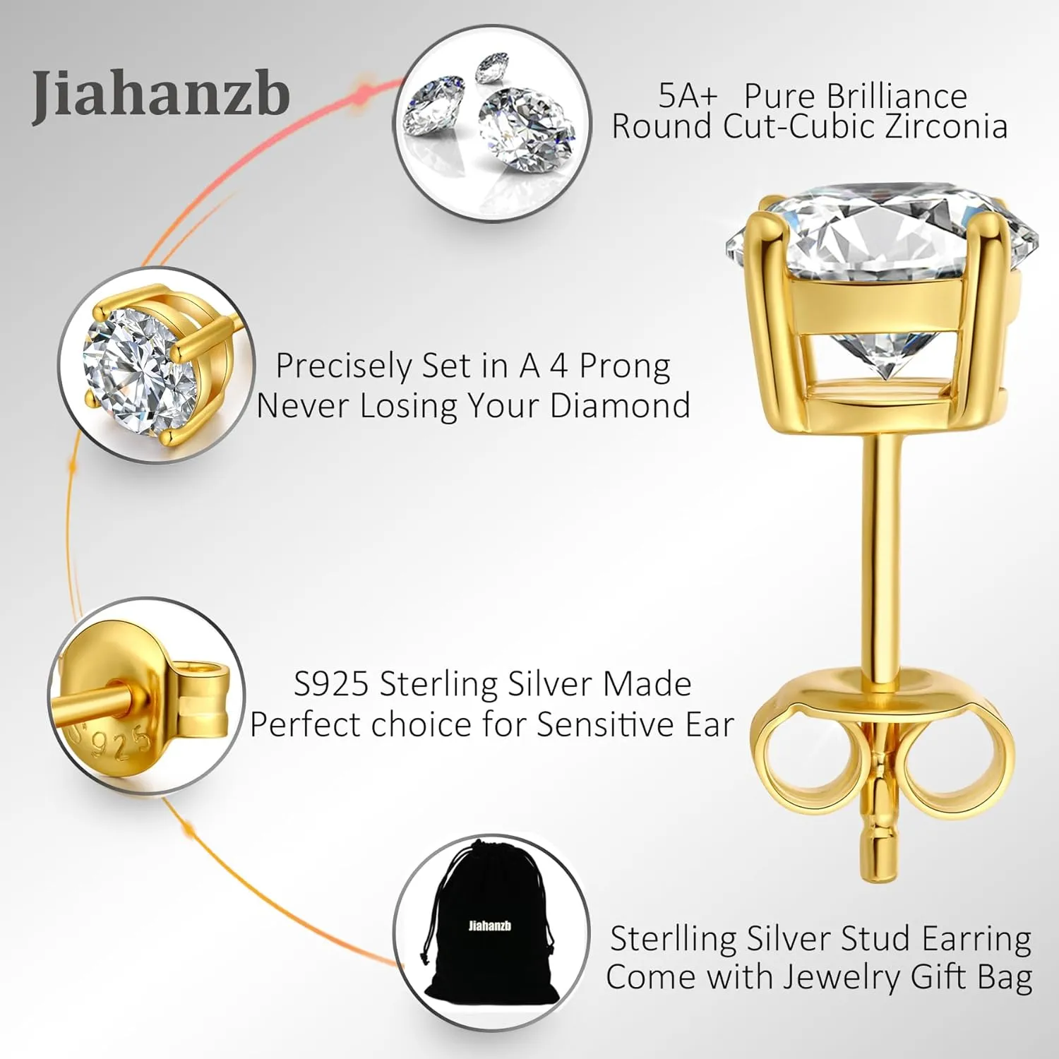 18K White Gold Plated Sparkling CZ Diamond Stud Earrings 925 Sterling Silver Cubic Zirconia Stud Earrings Hypoallergenic Simulated Diamond Stud Earrings for Women/Men 4MM-8MM