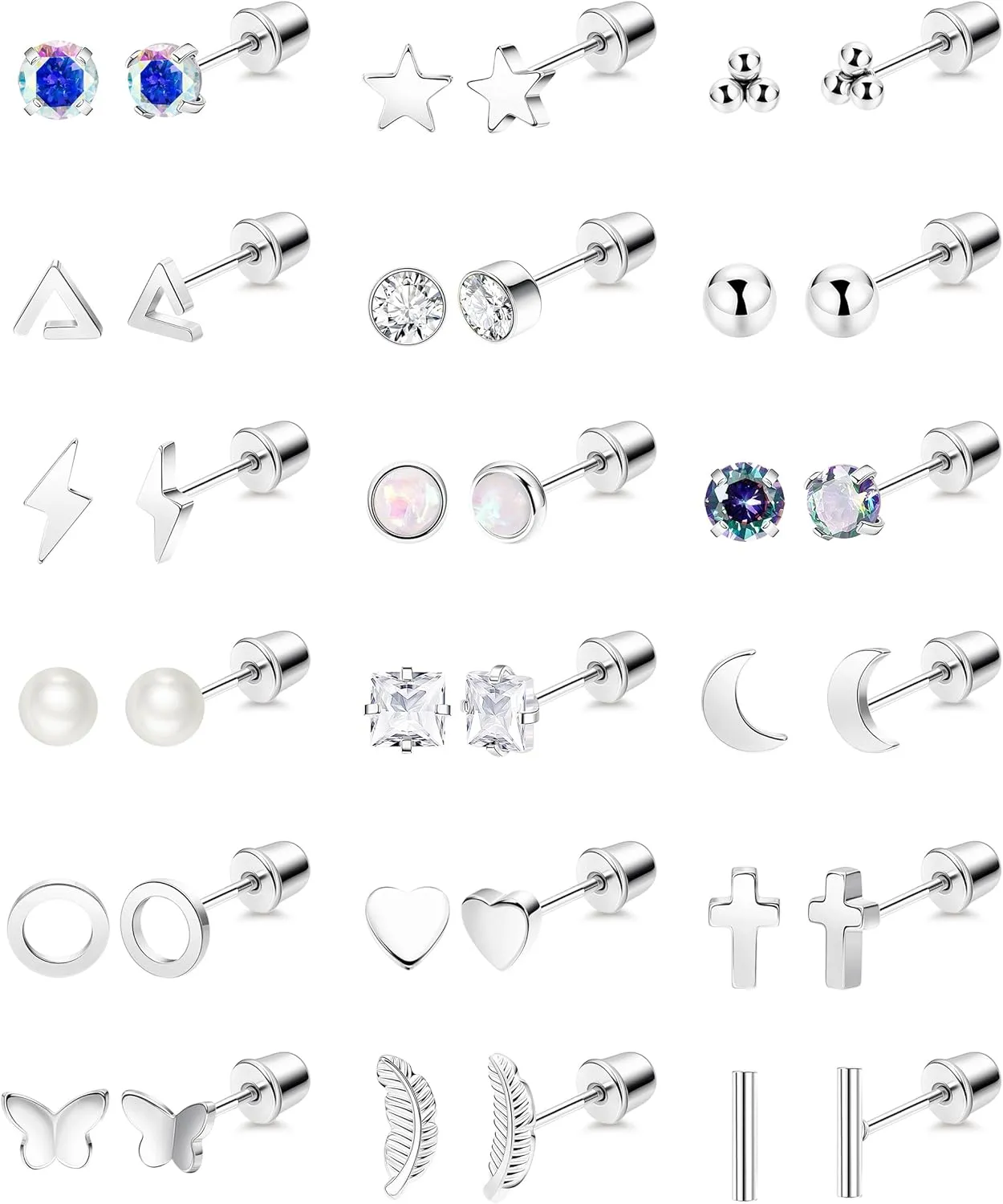 18Pairs 20G Surgical Steel Screw Back Earrings for Women Hypoallergenic Pearl Star Heart Butterfly Tiny Screwback Stud Earring Set