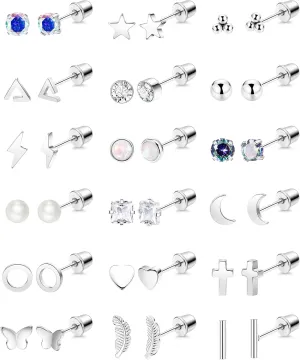 18Pairs 20G Surgical Steel Screw Back Earrings for Women Hypoallergenic Pearl Star Heart Butterfly Tiny Screwback Stud Earring Set