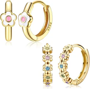 2 Pairs 925 Sterling Silver Hoop Earring for Women: Cartilages Small Hoops Flower Daisy Huggie Earrings 14k Gold Plated Floral With Rainbow Cubic Zircon Hypoallergenic Jewelry Gifts for Sensitive Ears