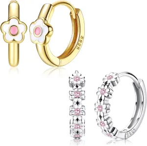 2 Pairs 925 Sterling Silver Hoop Earring for Women: Cartilages Small Hoops Flower Daisy Huggie Earrings 14k Gold Plated Floral With Rainbow Cubic Zircon Hypoallergenic Jewelry Gifts for Sensitive Ears
