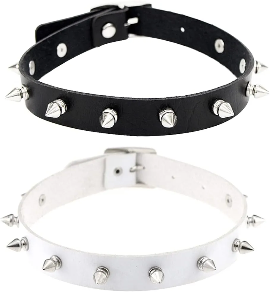 2PCS Choker Necklace PU Leather Goth Choker Collar with Rivet Spike Punk Rock Collar Adjustable Size Black and White