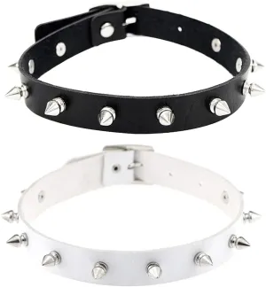 2PCS Choker Necklace PU Leather Goth Choker Collar with Rivet Spike Punk Rock Collar Adjustable Size Black and White