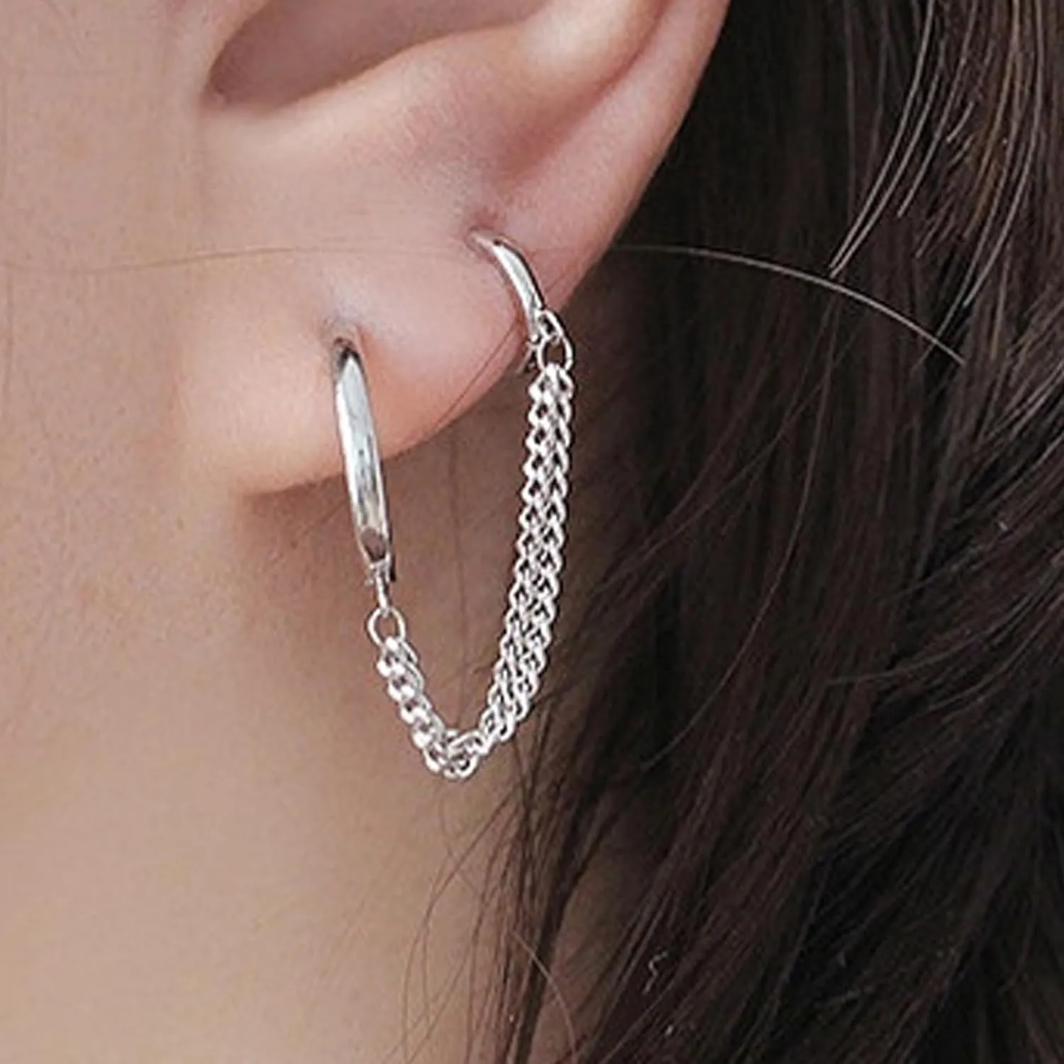 2pcs Double Hoop Earrings for Women Cuff Chain Huggie Earrings Chunky Piercing Earrings Silver Hoop Earrings Jewelry Gifts