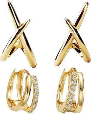 2PCS Hoop Earrings for Women and X Earrings Dainty Earrings Simple 14K Gold Plated Earring Hypoallergenic Earring for Women Gifts