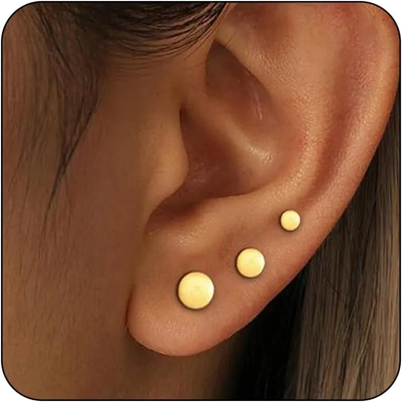 3 Pairs 14K Gold Stud Earring Sets for Women Dainty 925 Sterling Silver Earrings for Multiple Piercing Tiny Cartilage Tragus Cute Trendy Post Earrings Stacks Jewelry Gifts