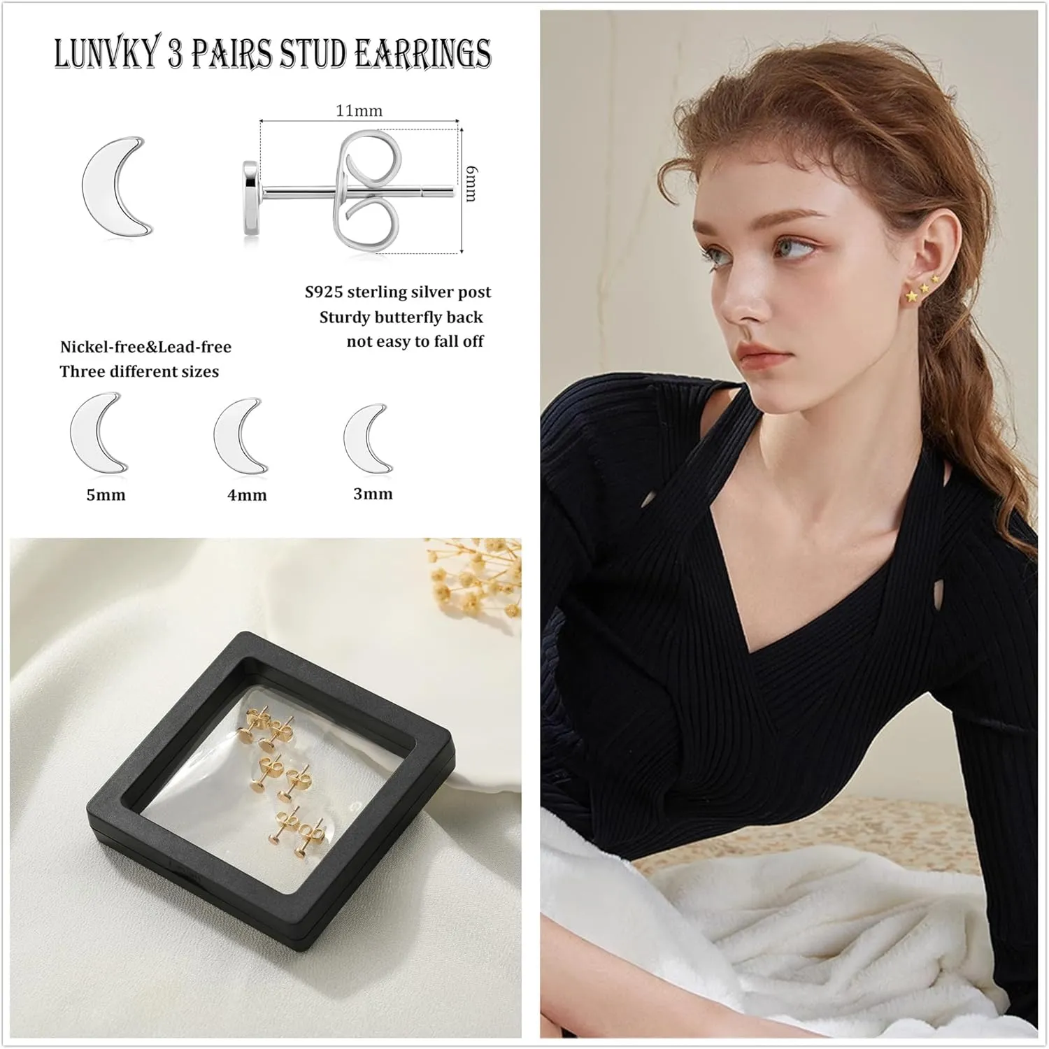 3 Pairs 14K Gold Stud Earring Sets for Women Dainty 925 Sterling Silver Earrings for Multiple Piercing Tiny Cartilage Tragus Cute Trendy Post Earrings Stacks Jewelry Gifts