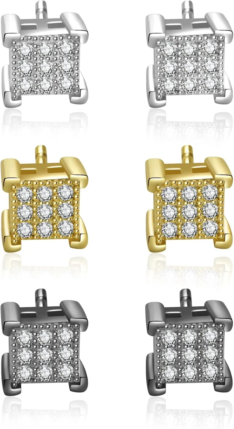 3 Pairs 5mm Stud Earrings for Women Men 14K Gold/Silver/Black Stainless Steel Hypoallergenic Hiphop Earrings for Men Clear Cubic Zirconia Dainty Lightweight Earrings Send with Nice Gift Box