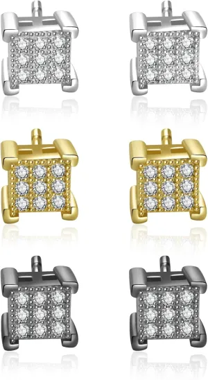 3 Pairs 5mm Stud Earrings for Women Men 14K Gold/Silver/Black Stainless Steel Hypoallergenic Hiphop Earrings for Men Clear Cubic Zirconia Dainty Lightweight Earrings Send with Nice Gift Box
