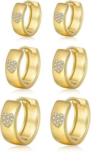 3 Pairs Gold Hoop Earrings Set for Women Heart Cartilage Earrings Small Gold Hoop Huggie Earrings Hypoallergenic 14K Gold Plated CZ Hoop Earrings Trendy Jewelry Gifts