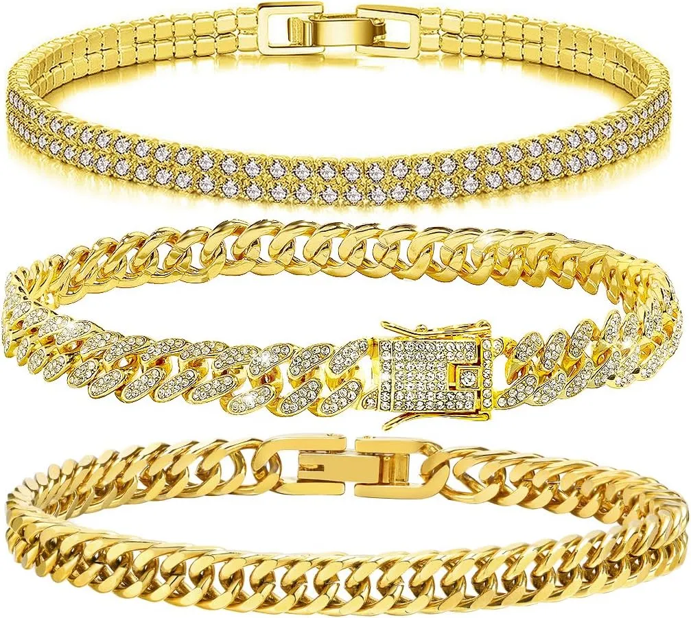 3 Pieces Cuban Link Chain Mens Rhinestone Bracelets Bling Chain Bracelets Set Jewelry Gifts For Men Women