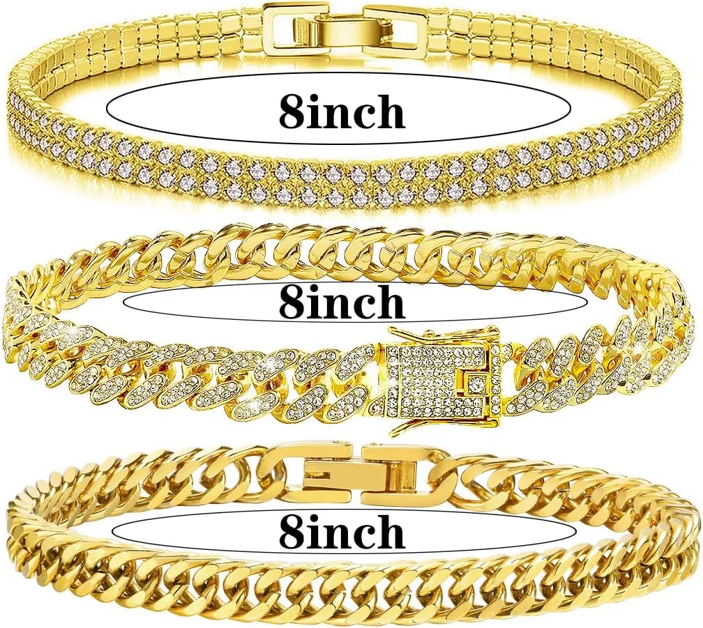 3 Pieces Cuban Link Chain Mens Rhinestone Bracelets Bling Chain Bracelets Set Jewelry Gifts For Men Women