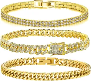 3 Pieces Cuban Link Chain Mens Rhinestone Bracelets Bling Chain Bracelets Set Jewelry Gifts For Men Women