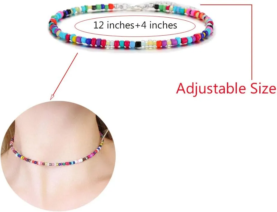 4-12 Pieces Beaded Choker Necklaces for Women Boho Seed Bead Choker Set Hawaiian Handmade Turquoise Beach Beads Necklace Chain Jewelry